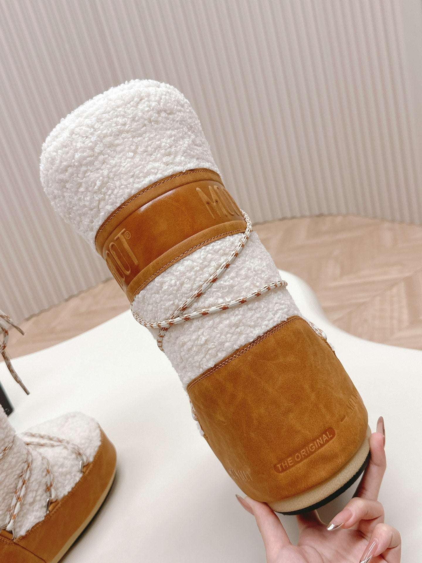 Moon Boot Style White And Brown Shearling Winter Boots For Warmth