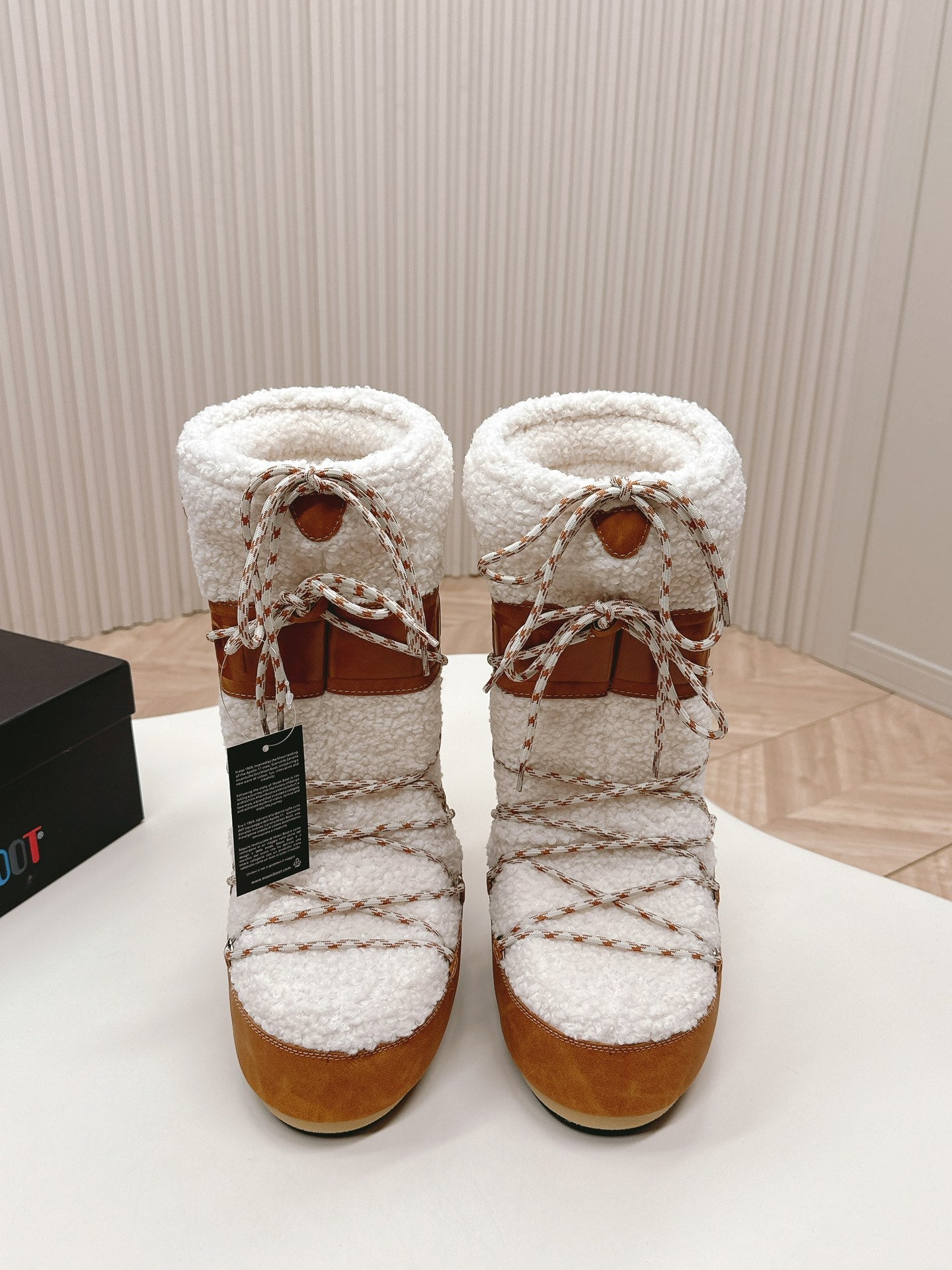 Moon Boot Style White And Brown Shearling Winter Boots For Warmth