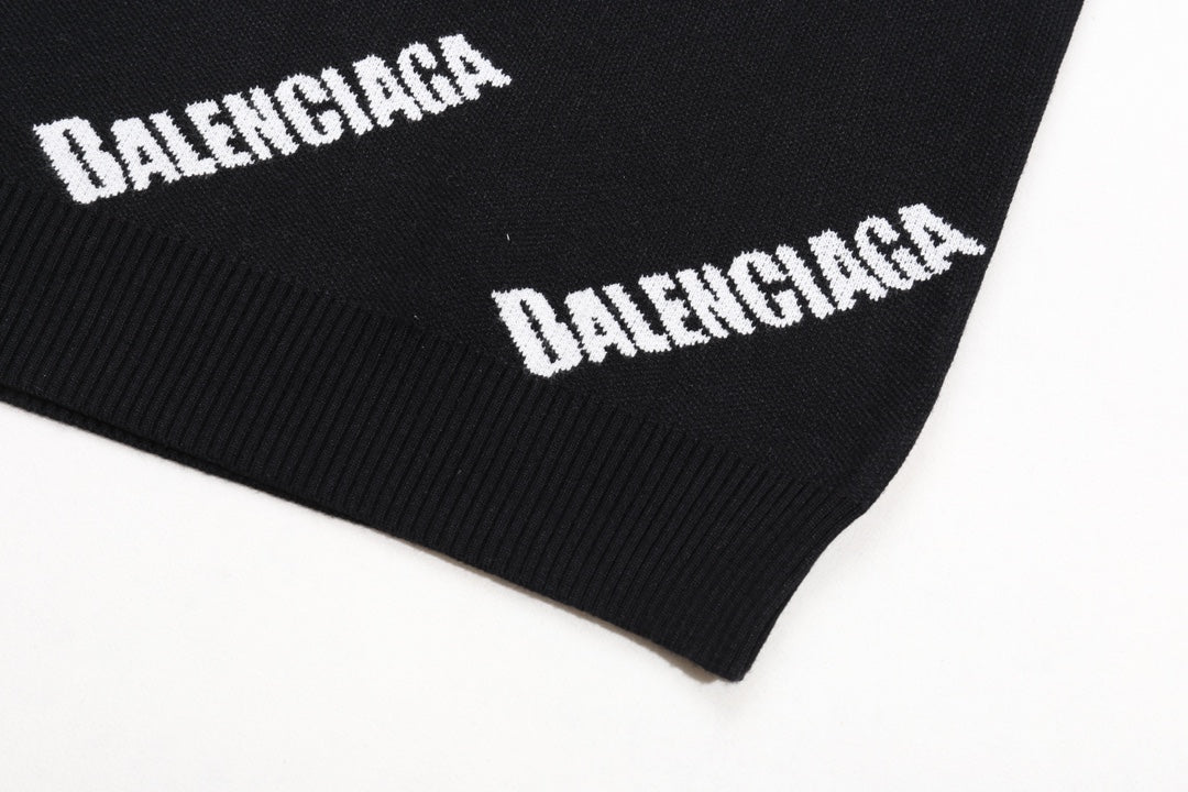 Balenciaga Black Crew Neck Sweater With All - Over Logo Print