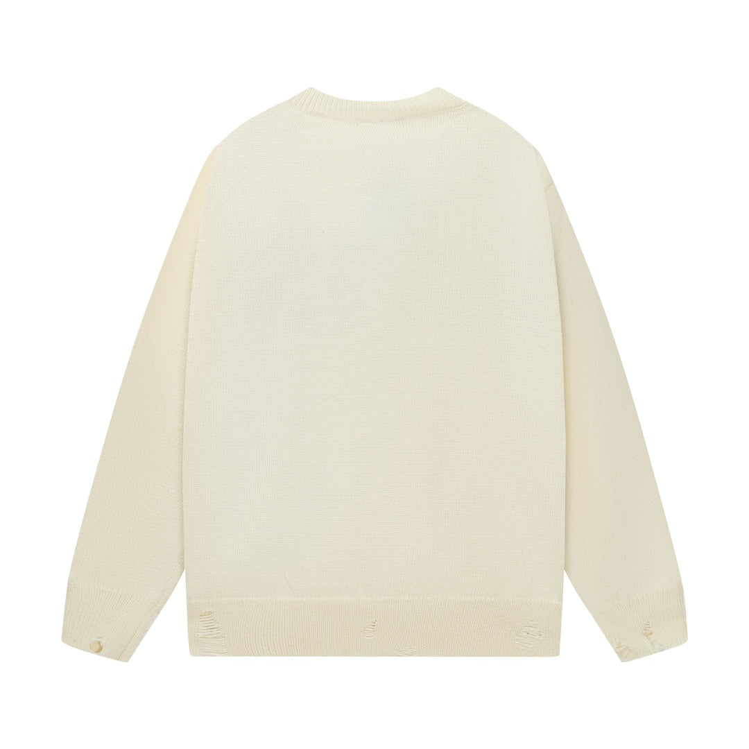 Amiri Men's Cream Crew Neck Knitted Sweater With Distressed Details