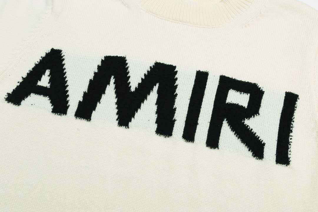 Amiri Men's Cream Crew Neck Knitted Sweater With Distressed Details