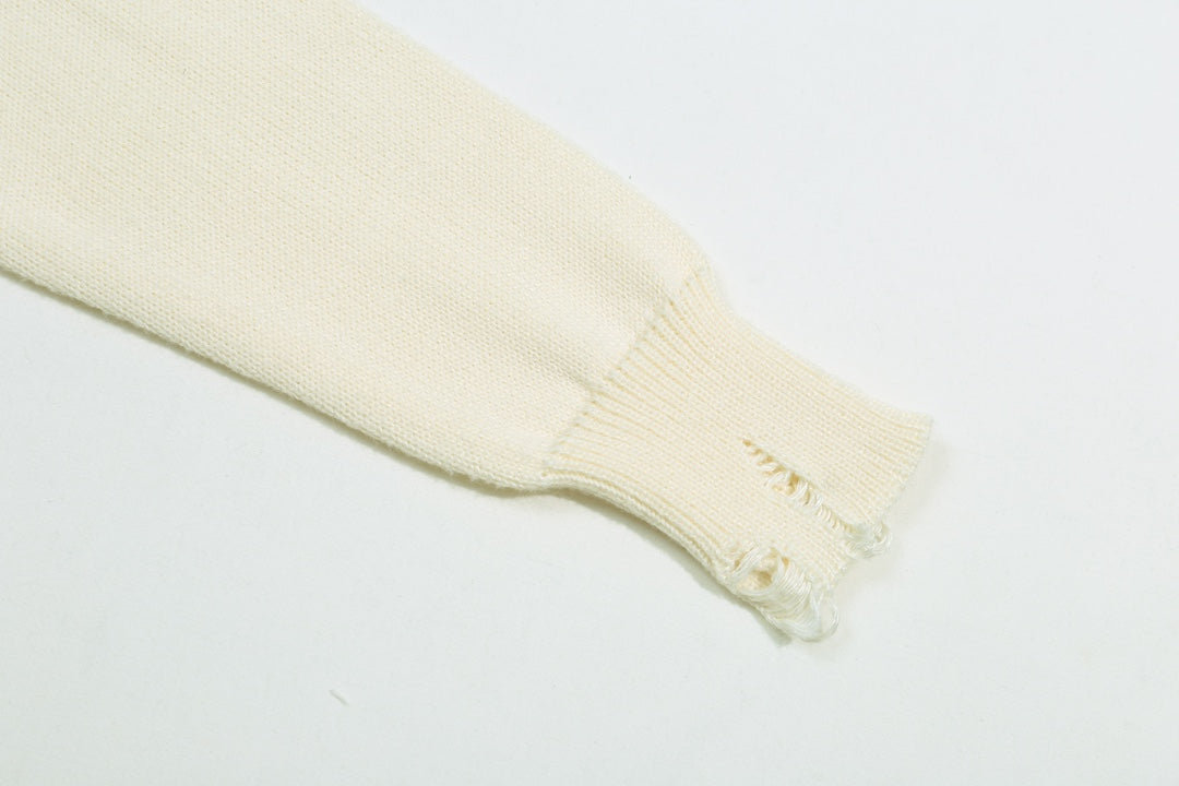 Amiri Men's Cream Crew Neck Knitted Sweater With Distressed Details