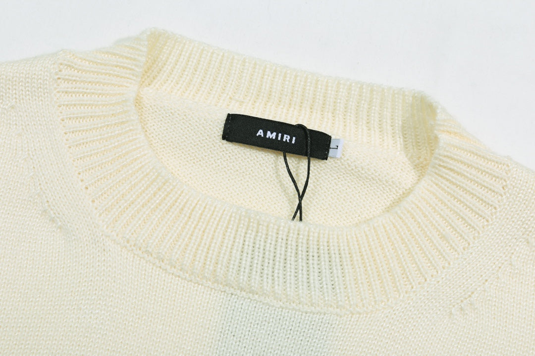 Amiri Men's Cream Crew Neck Knitted Sweater With Distressed Details