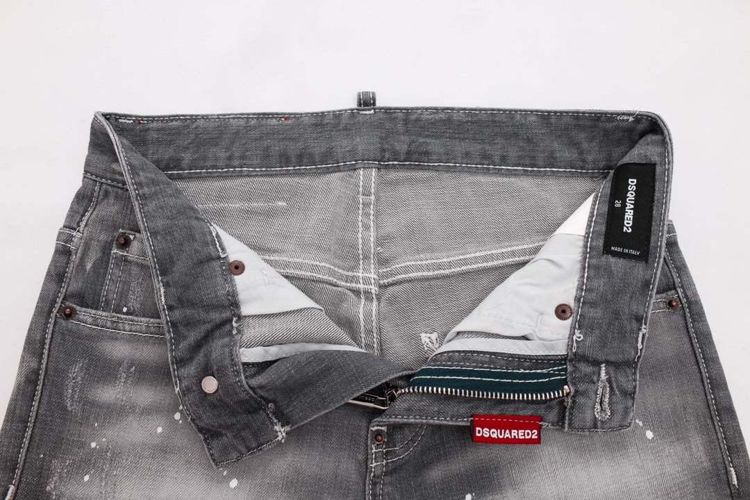 Men's Dsquared2 Distressed Grey Denim Jeans With Paint Splatter Details
