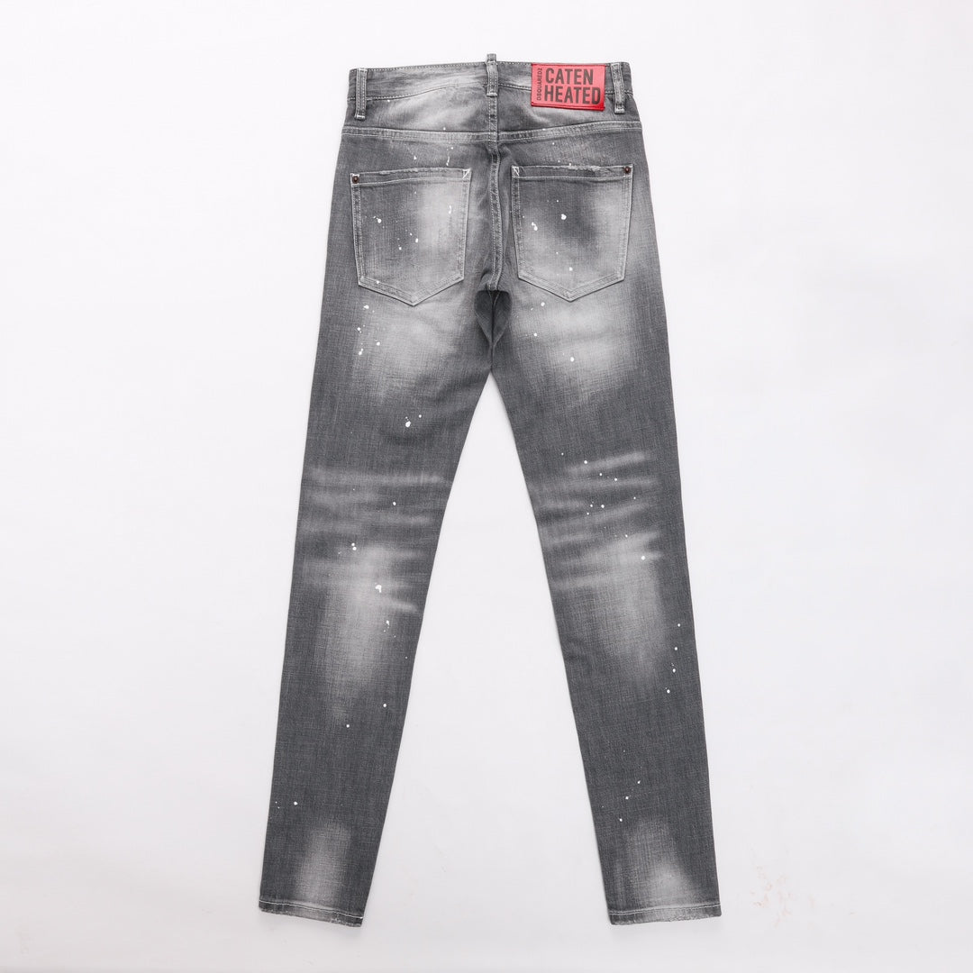 Men's Dsquared2 Distressed Grey Denim Jeans With Paint Splatter Details