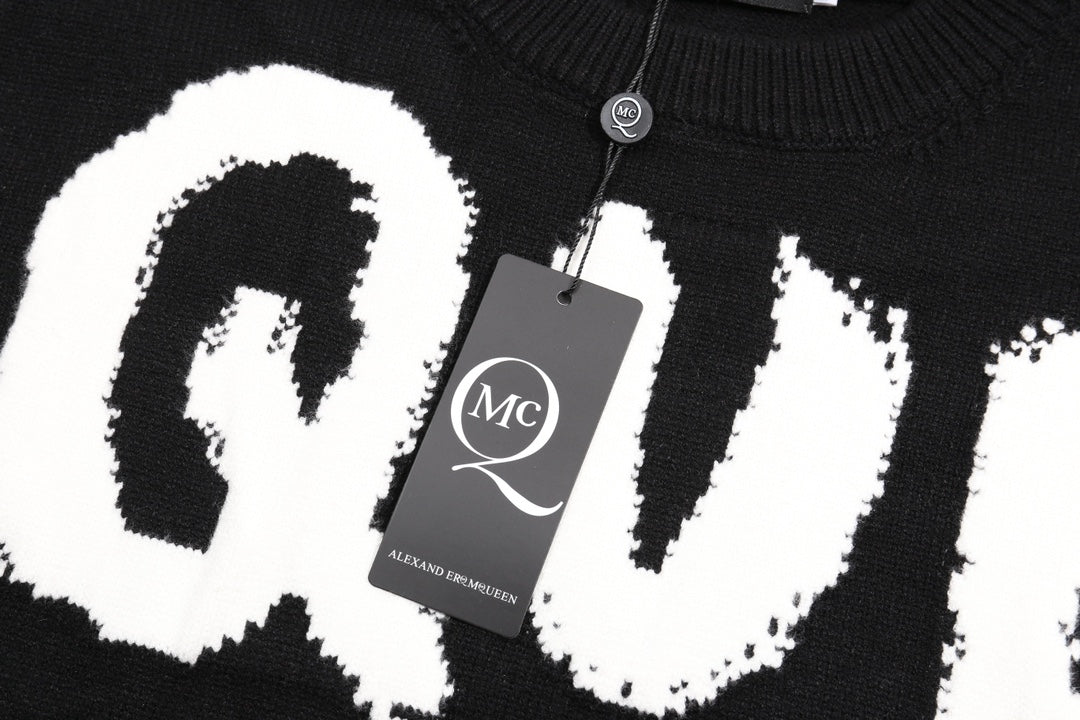 Alexander McQueen Black Sweater With White QUE Graphic Design