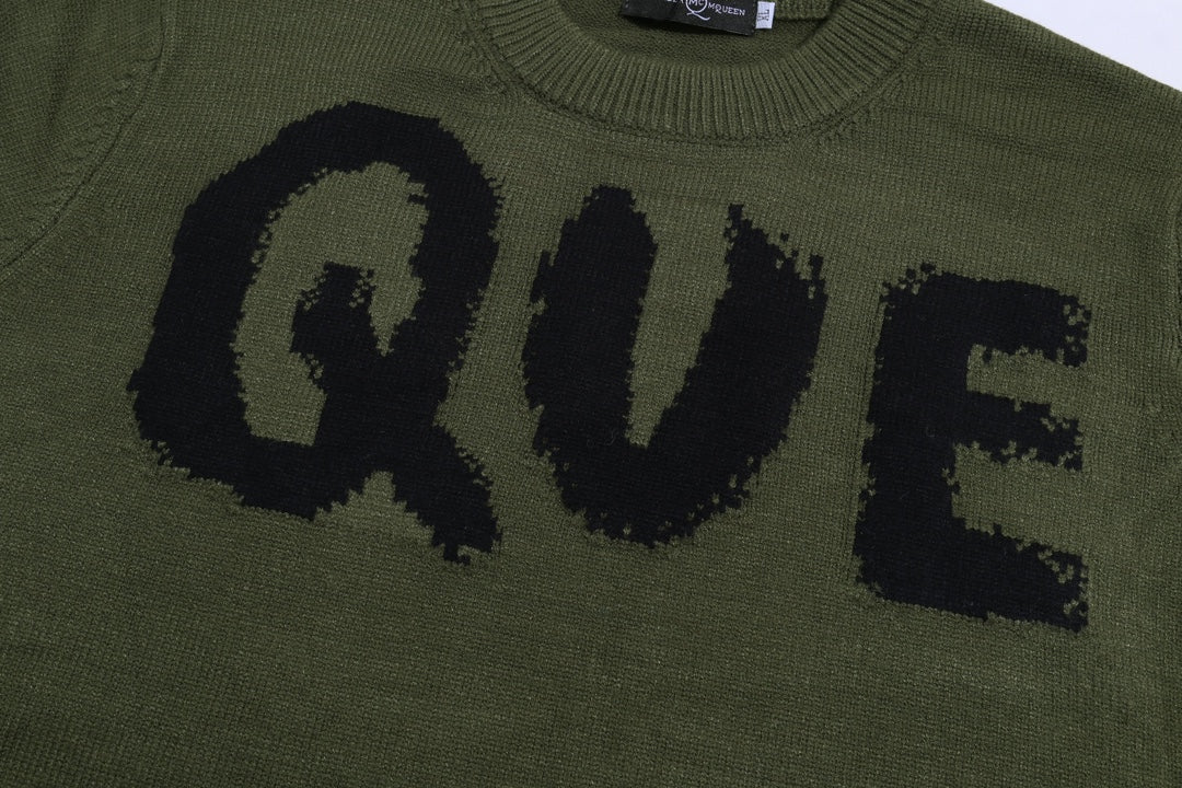 Alexander McQueen Olive Green Sweater With Black QUE Print