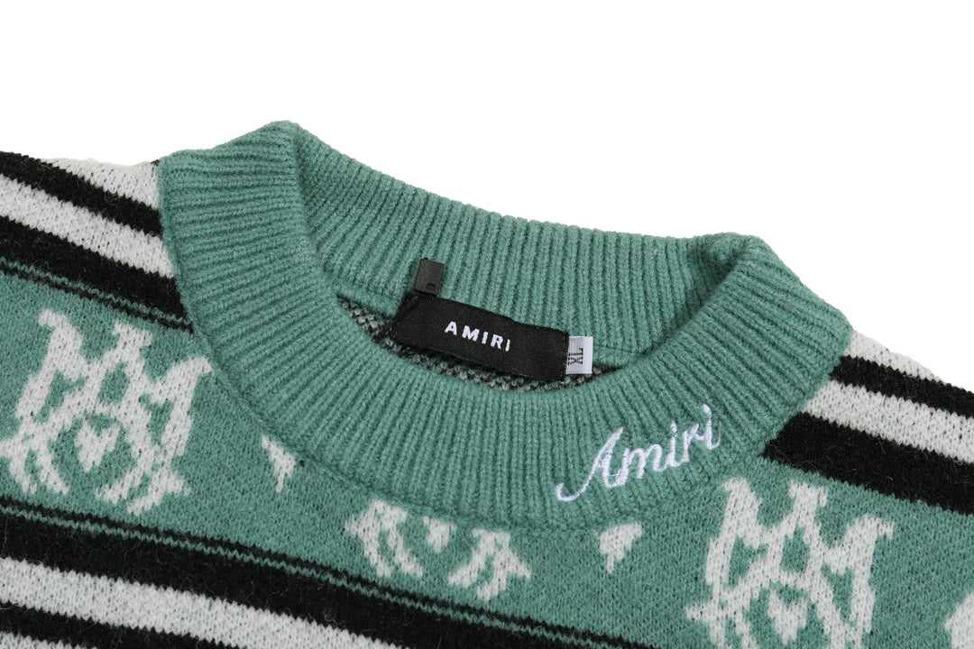 Amiri Men's Green Patterned Crew Neck Knitted Sweater With Brand Elements