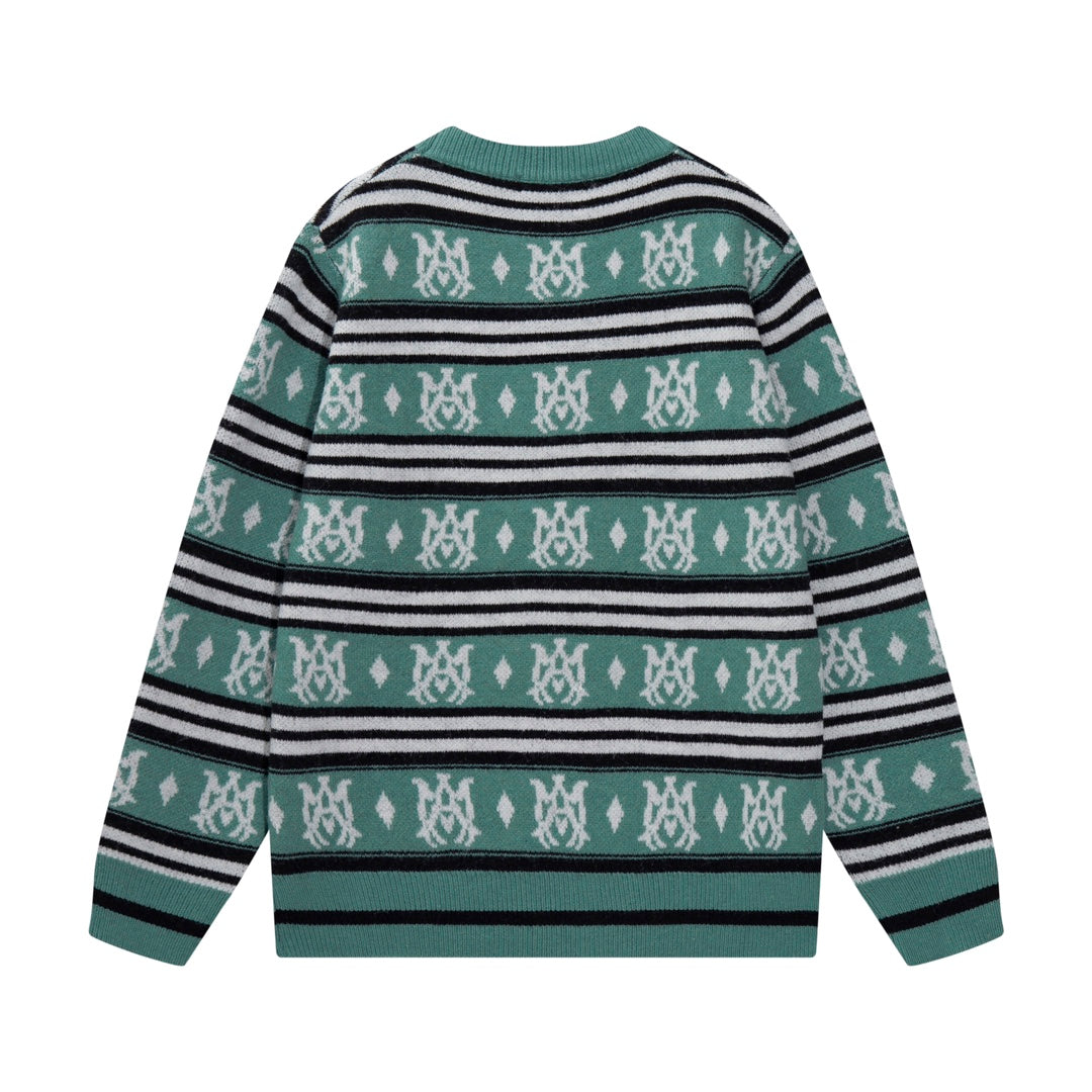 Amiri Men's Green Patterned Crew Neck Knitted Sweater With Brand Elements