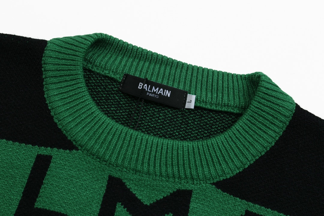 Balmain Green And Black Crew Neck Sweater With Brand Logo Print