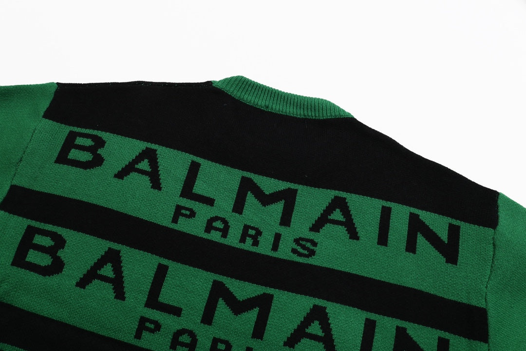 Balmain Green And Black Crew Neck Sweater With Brand Logo Print