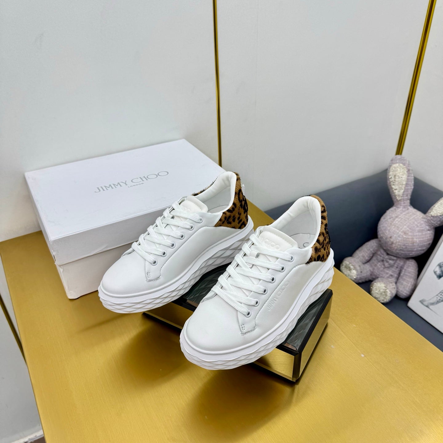 Jimmy Choo Women's White Sneakers With Leopard - Print Accents