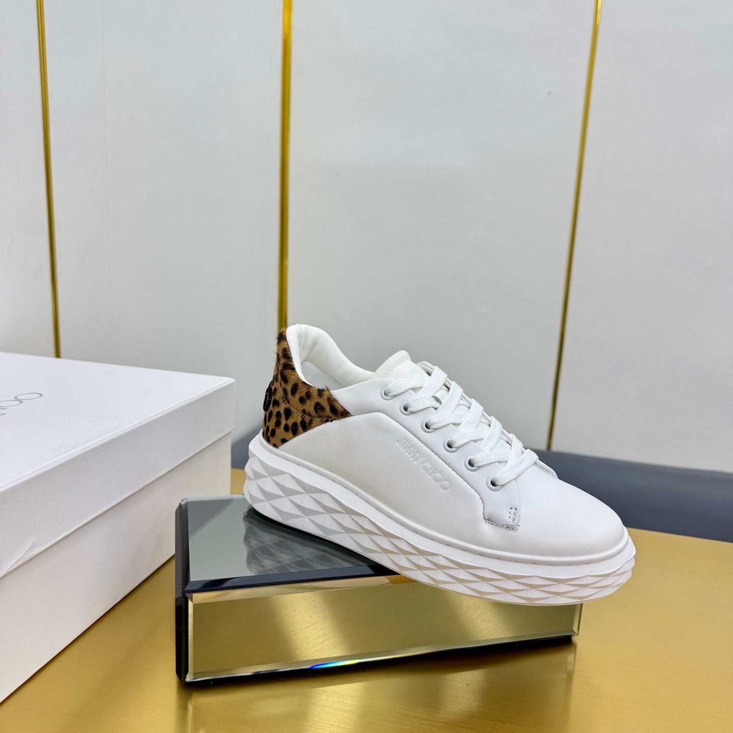 Jimmy Choo Women's White Sneakers With Leopard - Print Accents