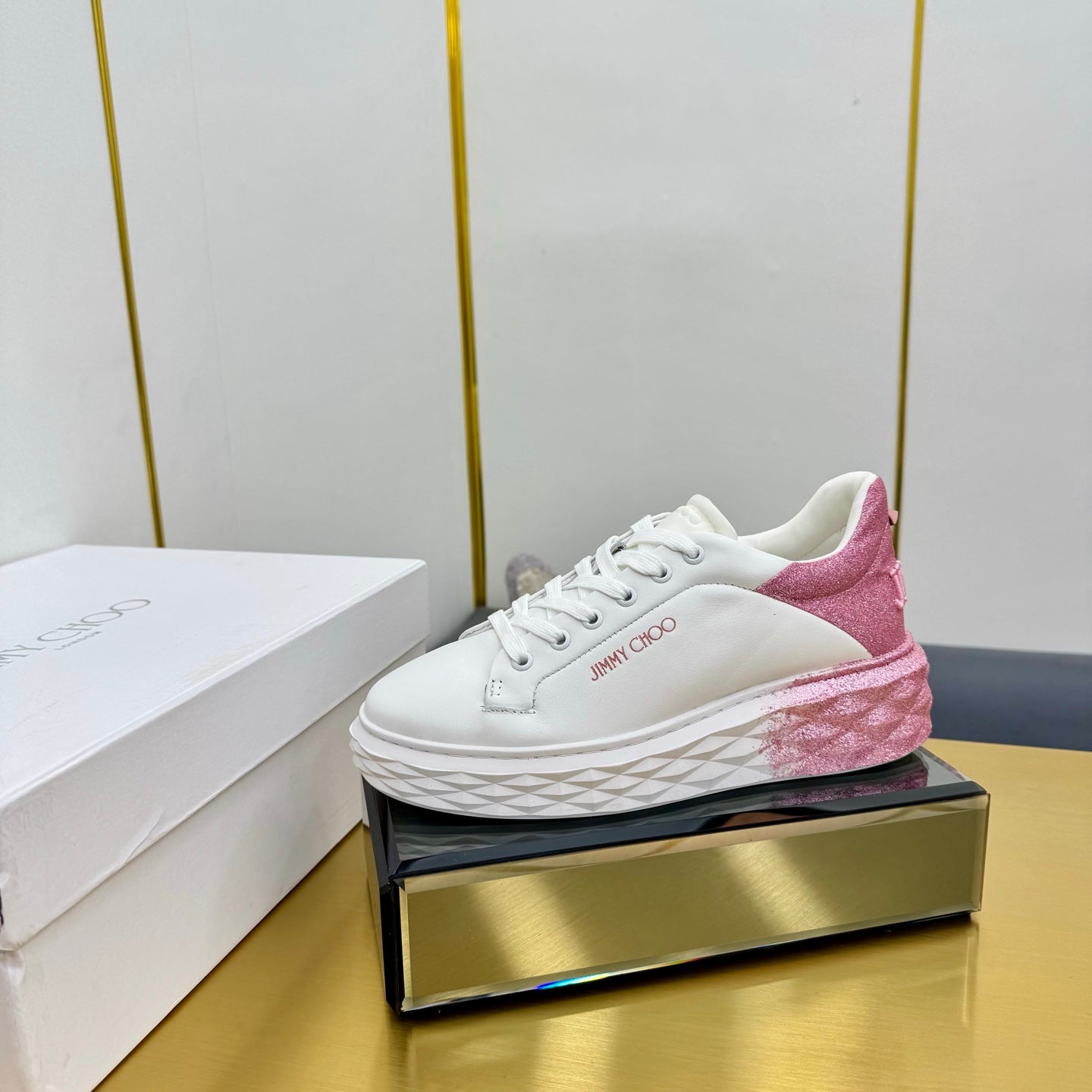 Jimmy Choo Women's White Sneakers With Pink Glitter Accents