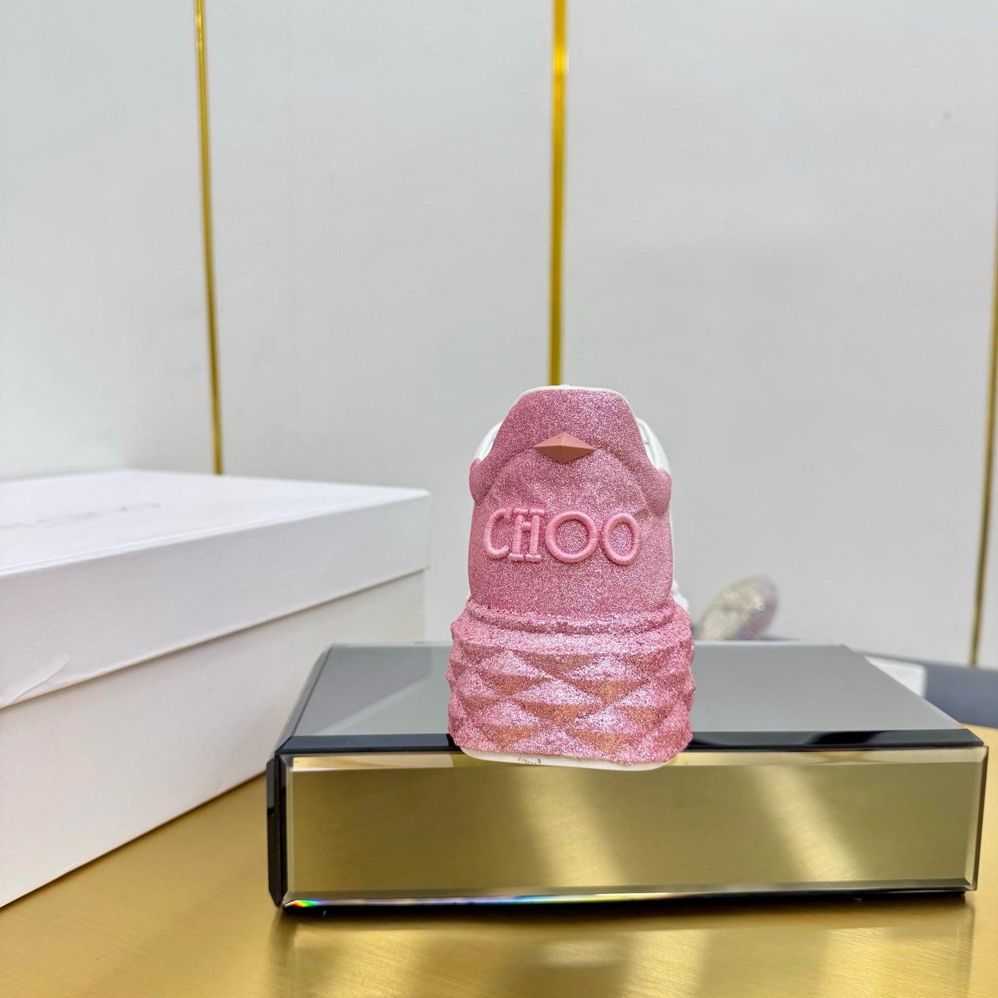 Jimmy Choo Women's White Sneakers With Pink Glitter Accents