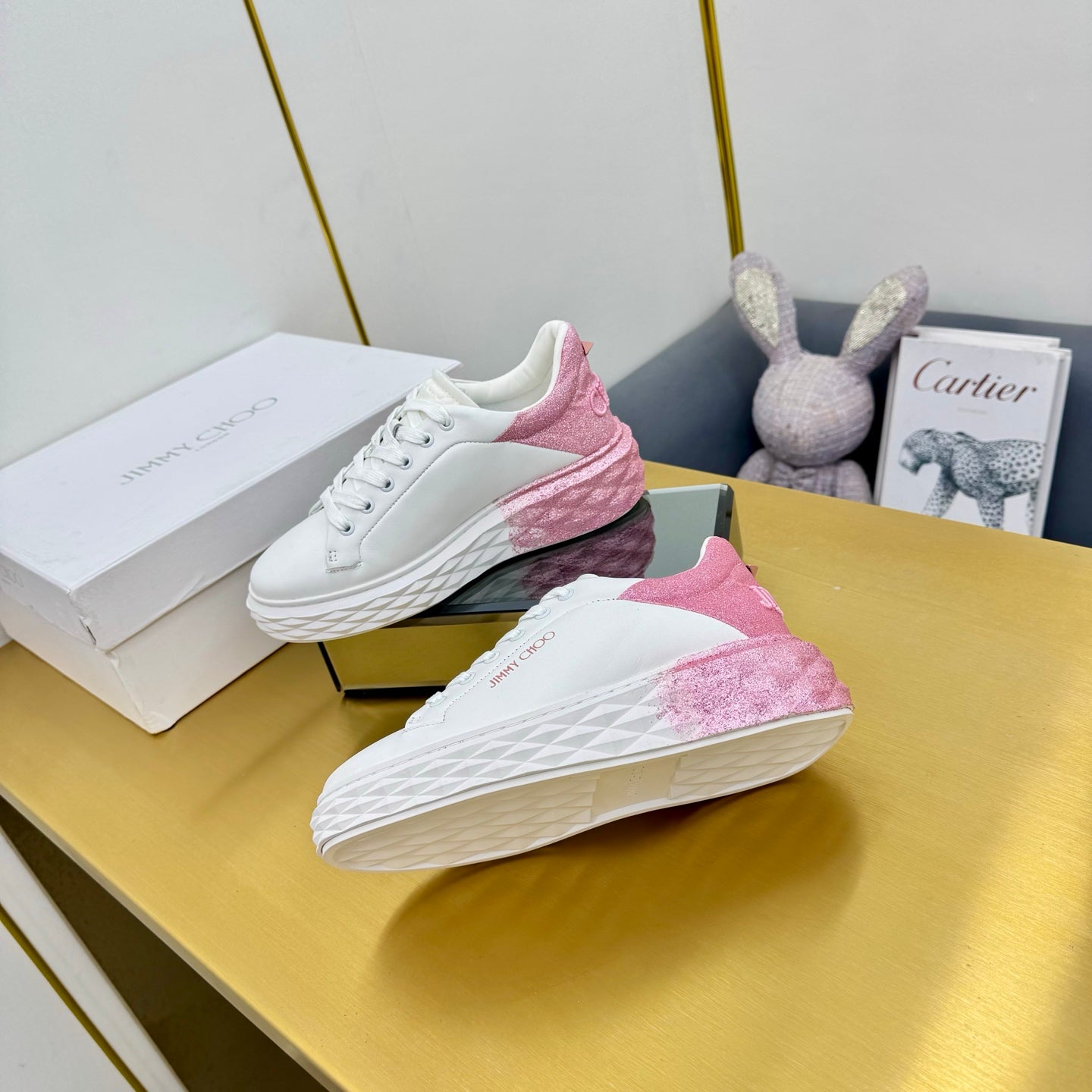 Jimmy Choo Women's White Sneakers With Pink Glitter Accents