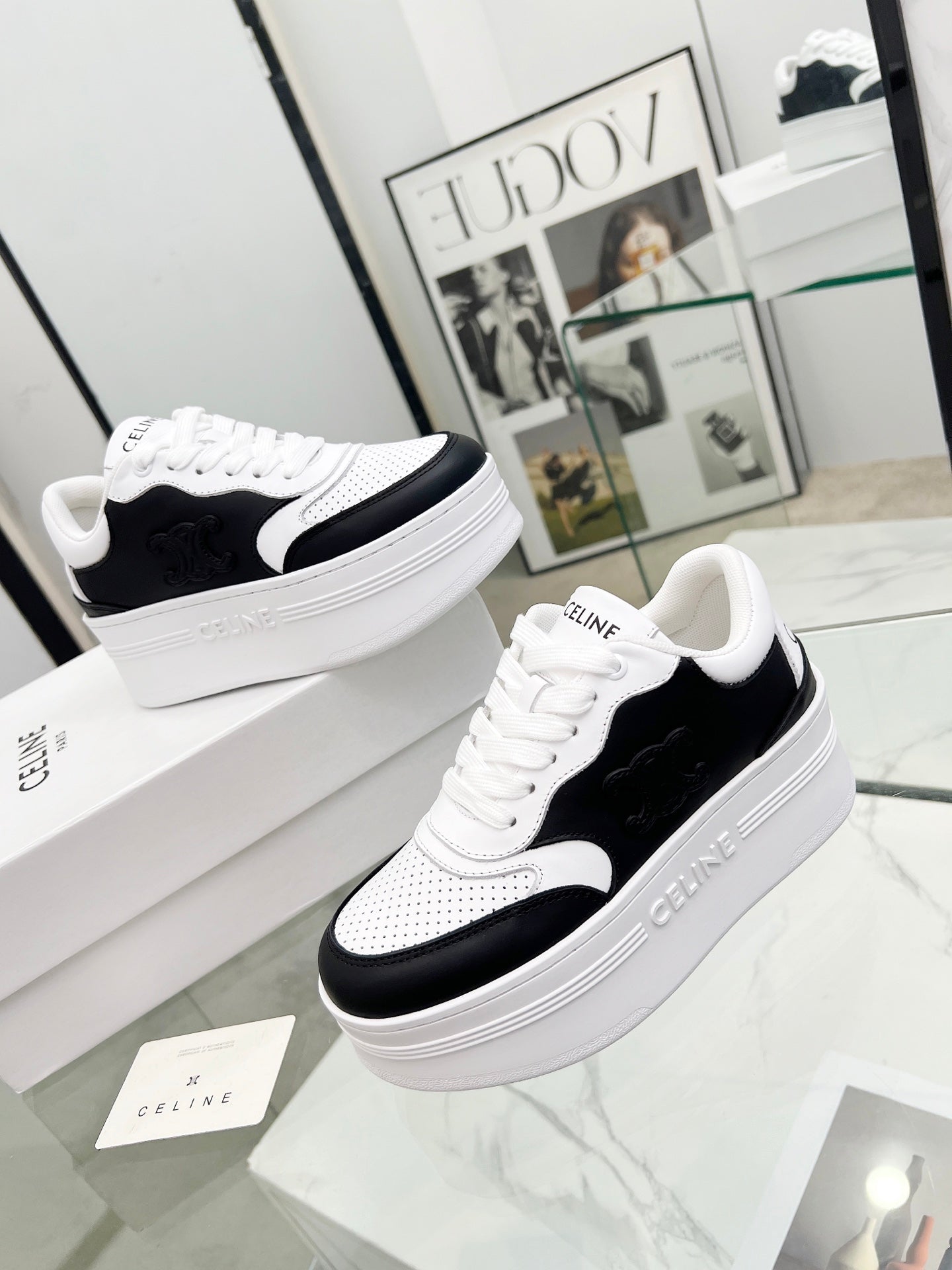 Celine Black And White Leather Platform Sneakers With Branding