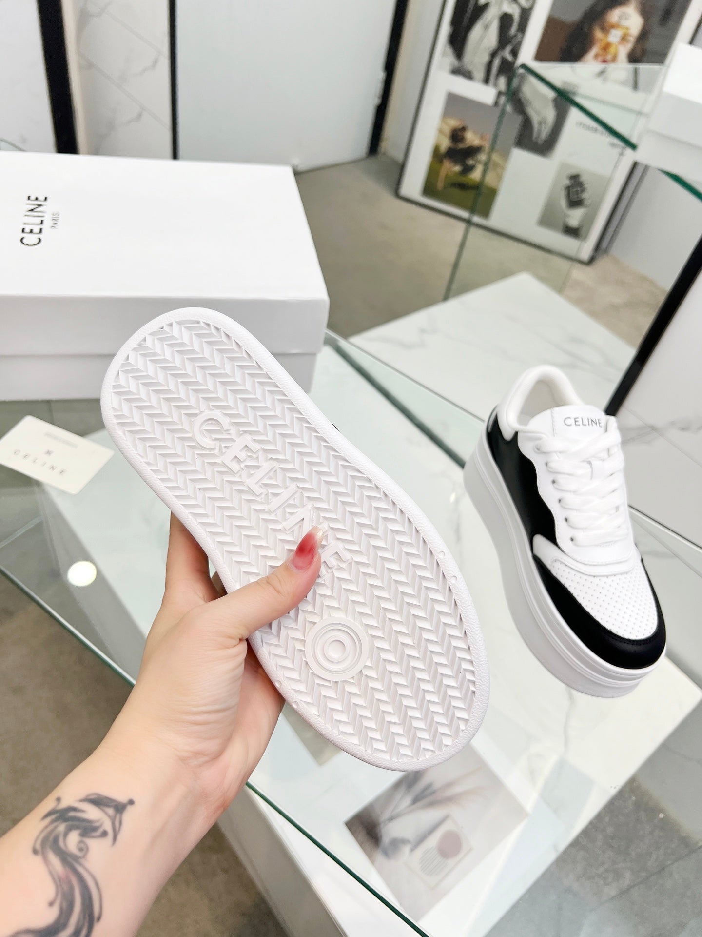 Celine Black And White Leather Platform Sneakers With Branding