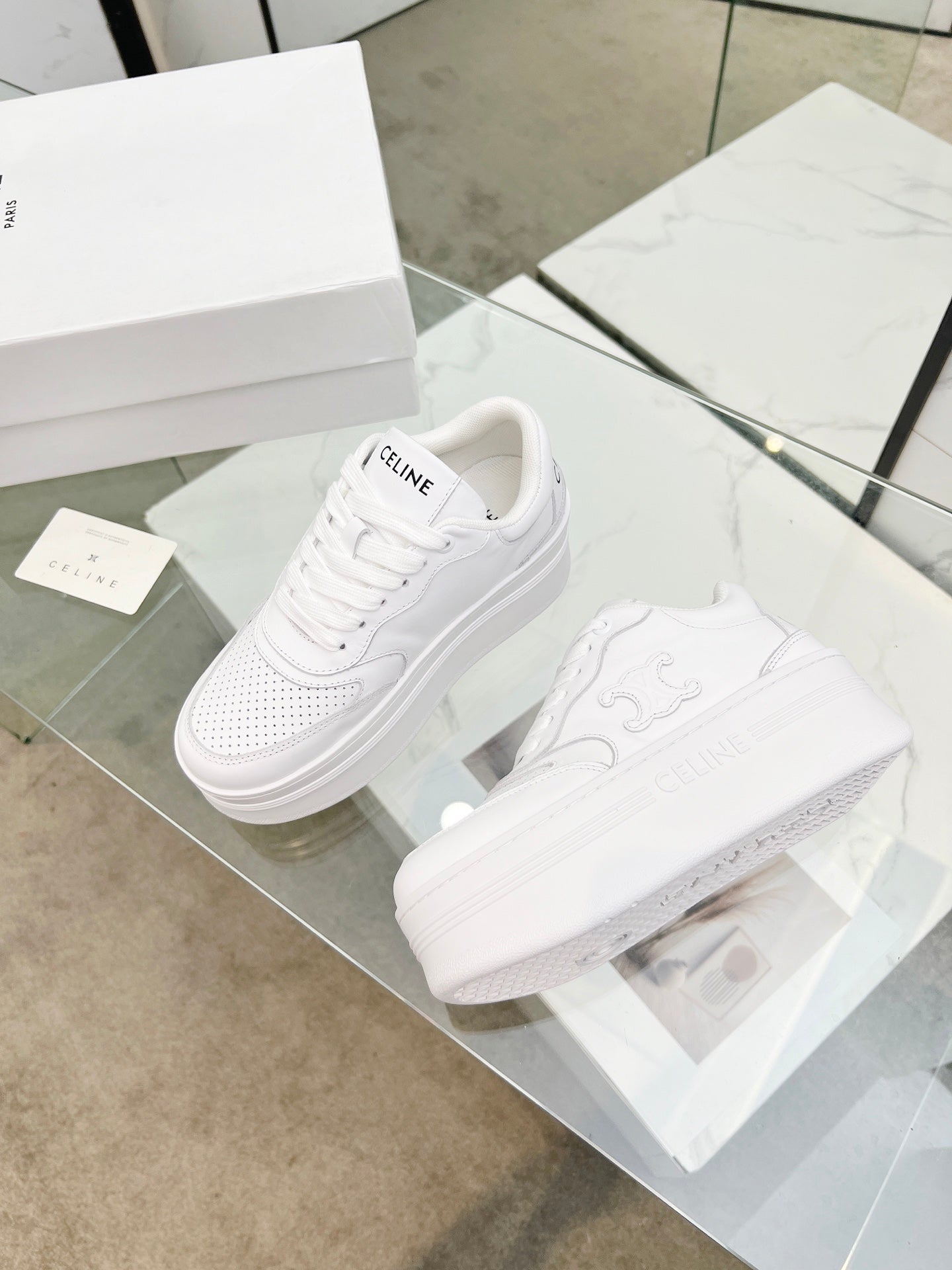 Celine White Leather Platform Sneakers With Brand Monogram