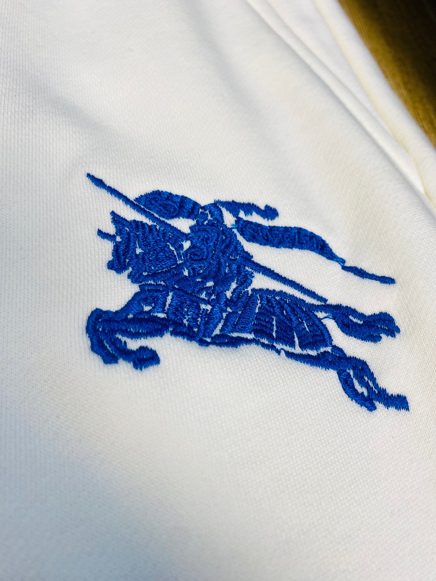 Burberry Men's White Shorts With Blue Equestrian Knight Embroidery