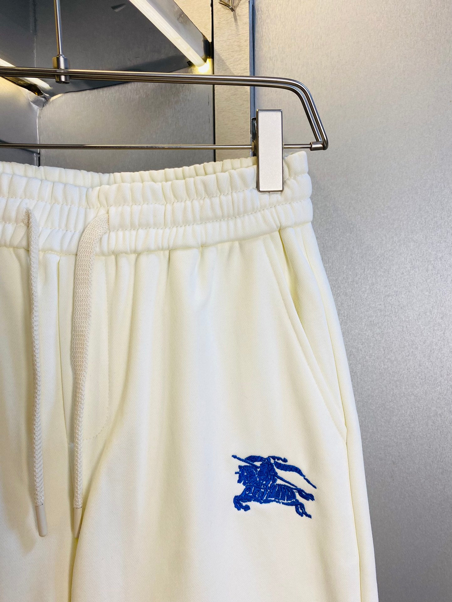 Burberry Men's White Shorts With Blue Equestrian Knight Embroidery