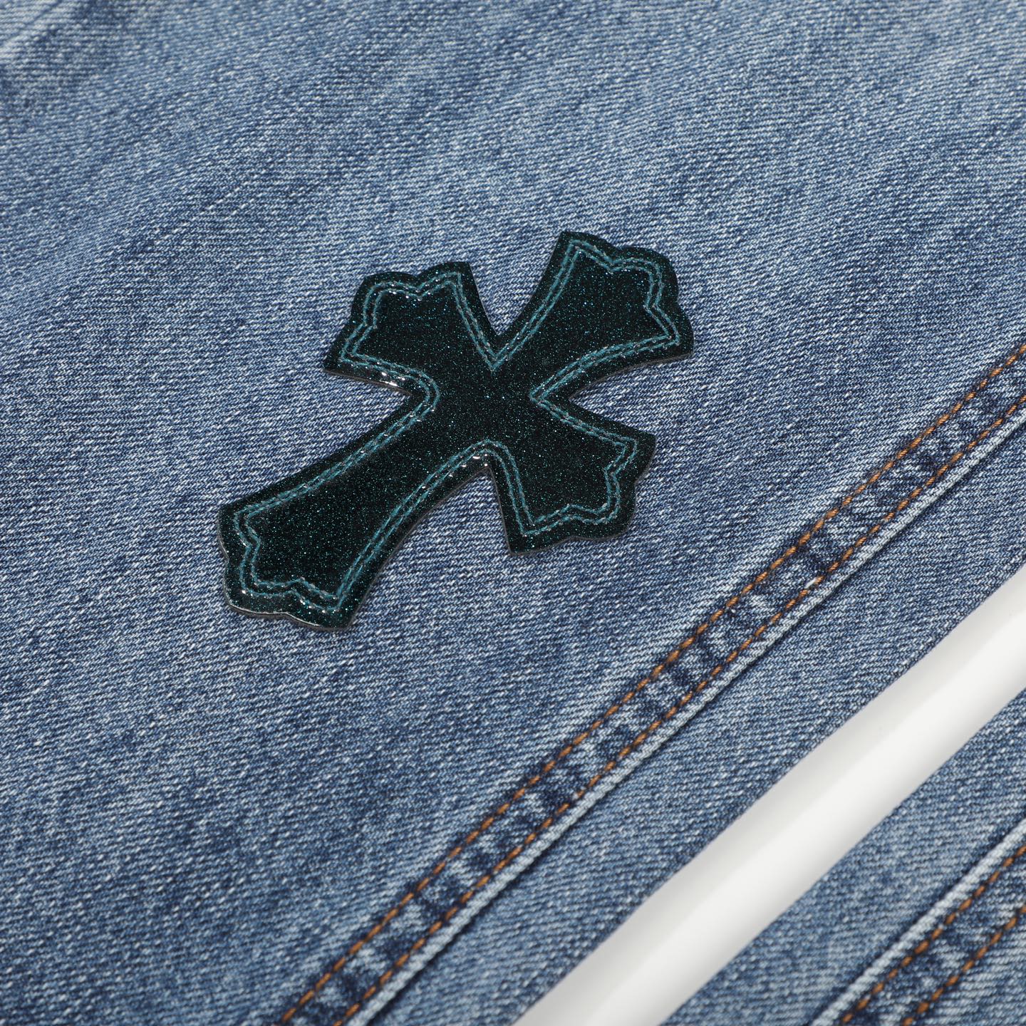Chrome Hearts Style Light Blue Distressed Jeans With Cross Embellishments