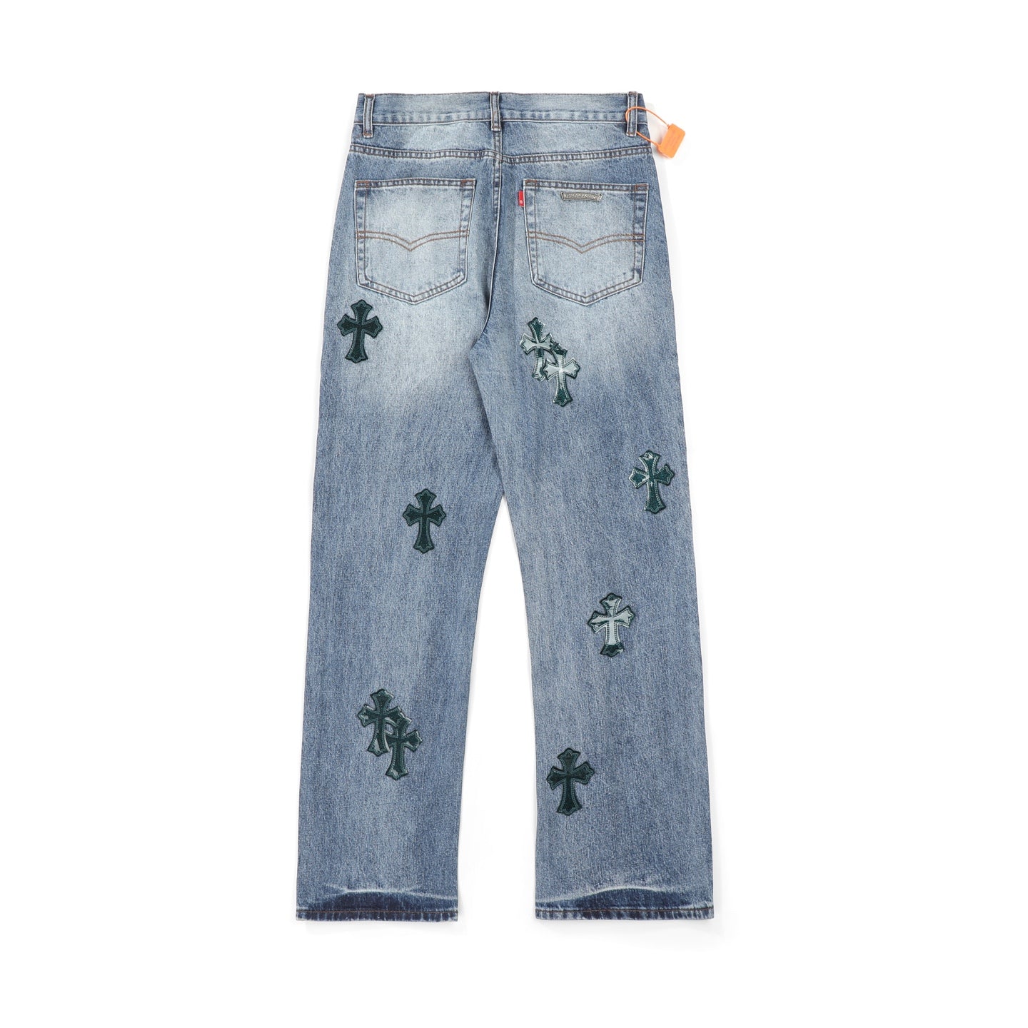 Chrome Hearts Style Light Blue Distressed Jeans With Cross Embellishments