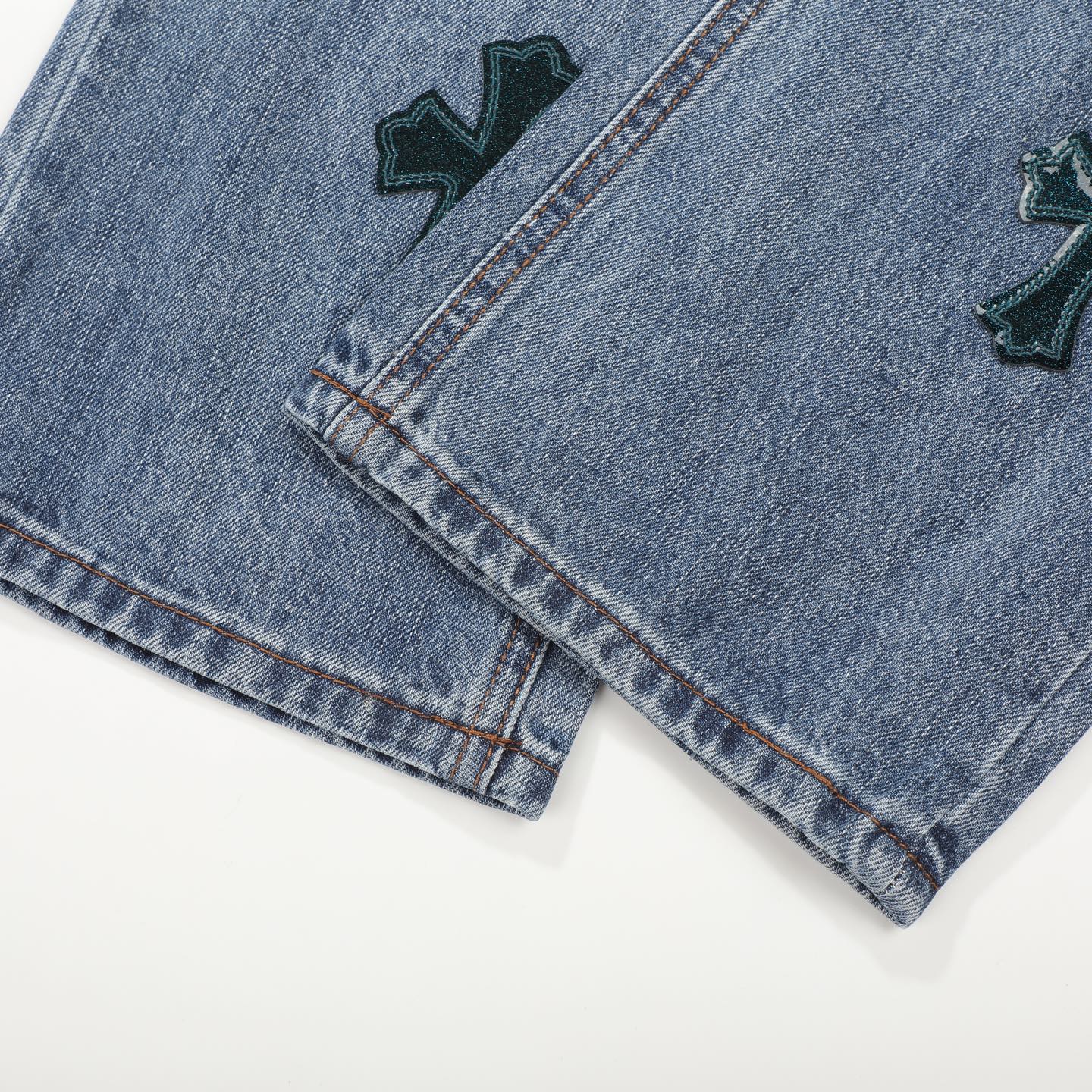 Chrome Hearts Style Light Blue Distressed Jeans With Cross Embellishments