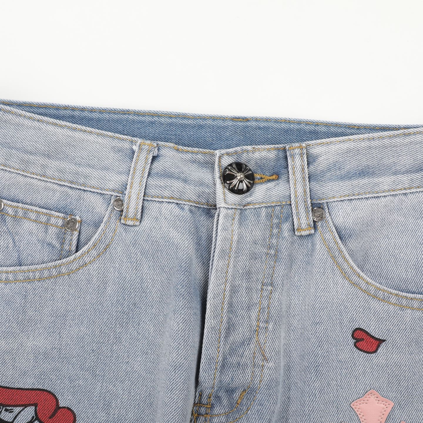 Chrome Hearts Inspired Light Blue Jeans With Colorful Graffiti Art