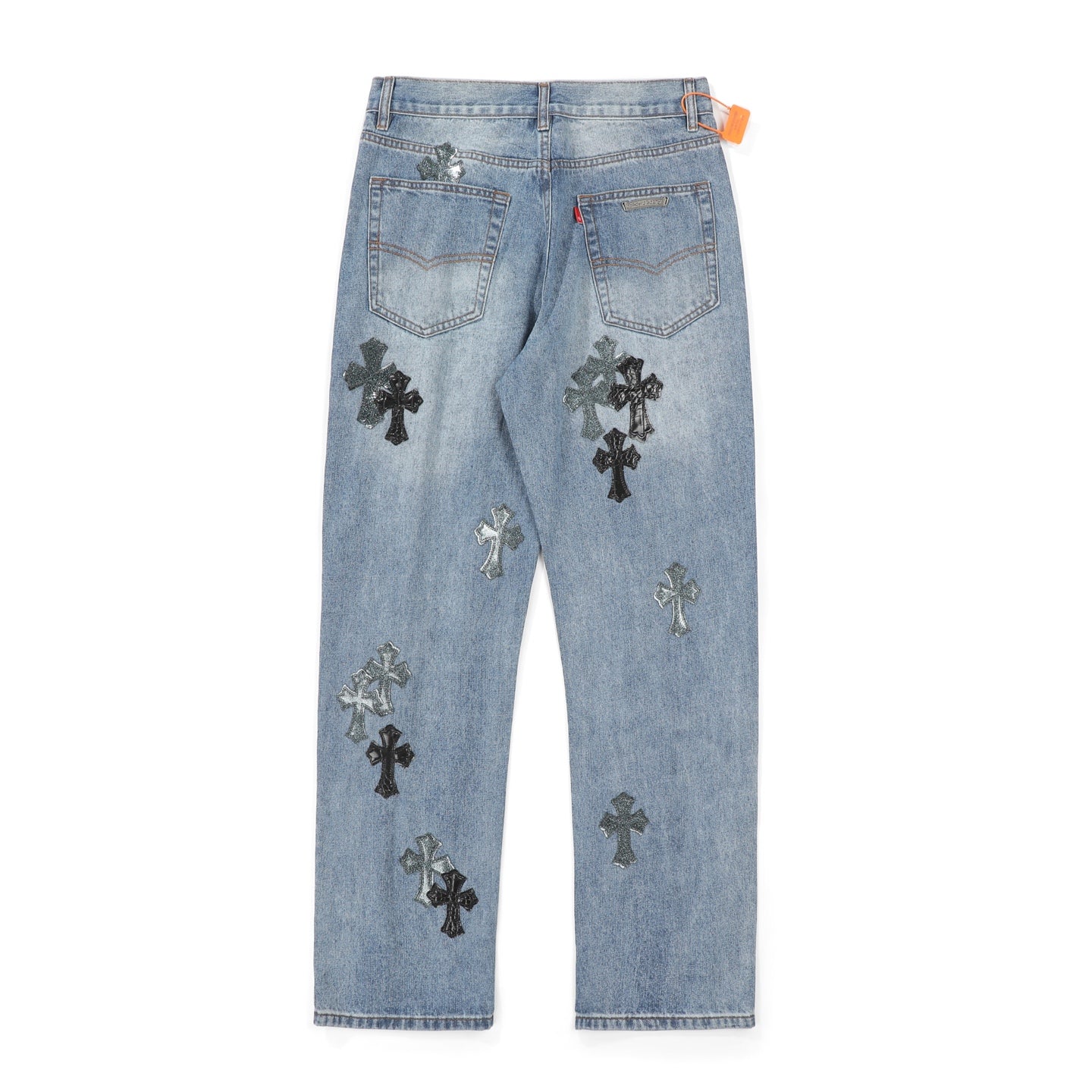 Chrome Hearts Style Men's Light Blue Jeans With Cross Patches