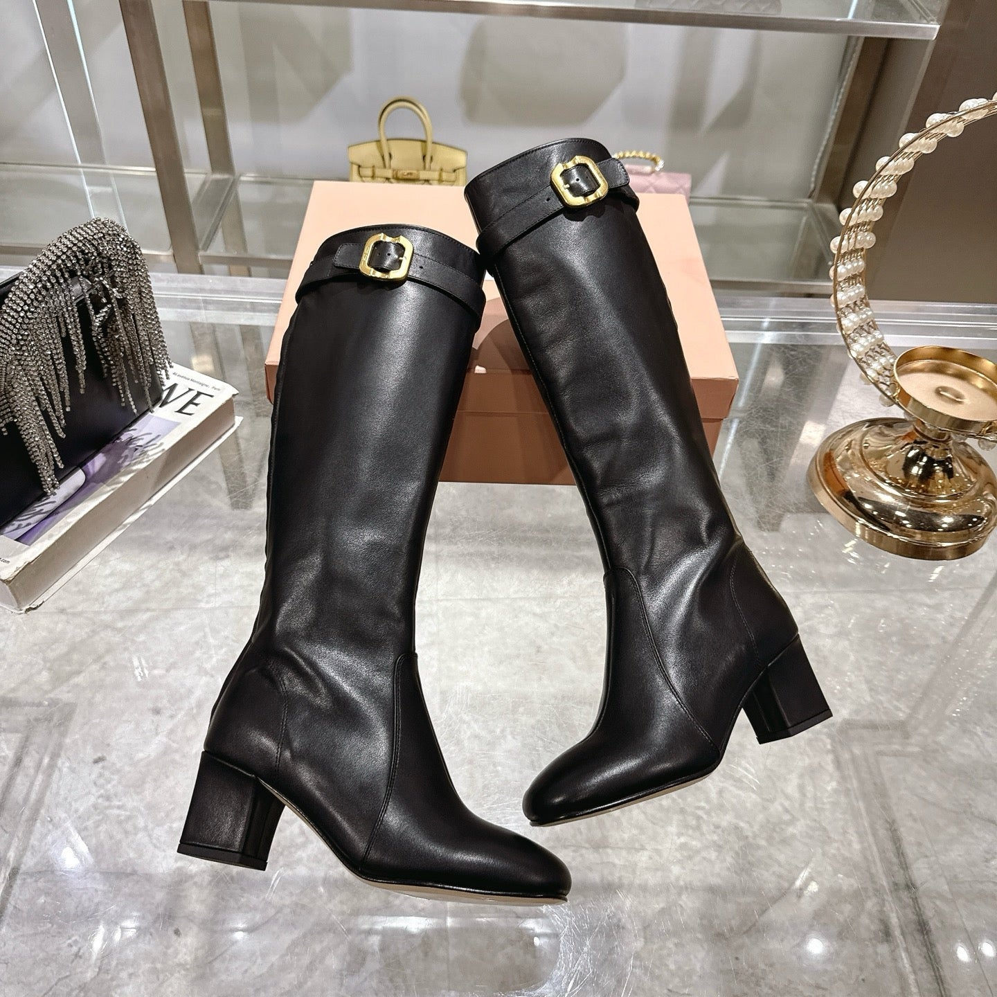 Miu Miu Women's Black Leather Buckle - Detail Knee - High Boots