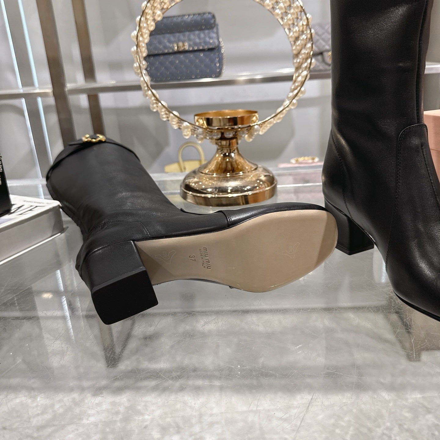 Miu Miu Women's Black Leather Buckle - Detail Knee - High Boots