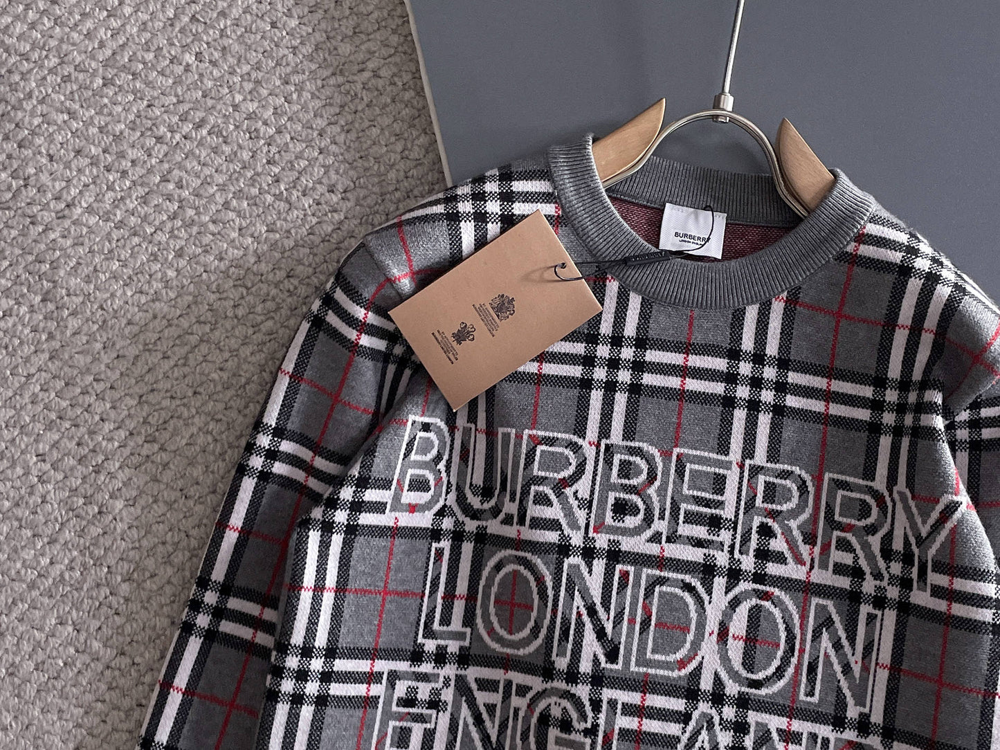 Burberry Men's Checkered Crew Neck Knitted Sweater With Brand Lettering