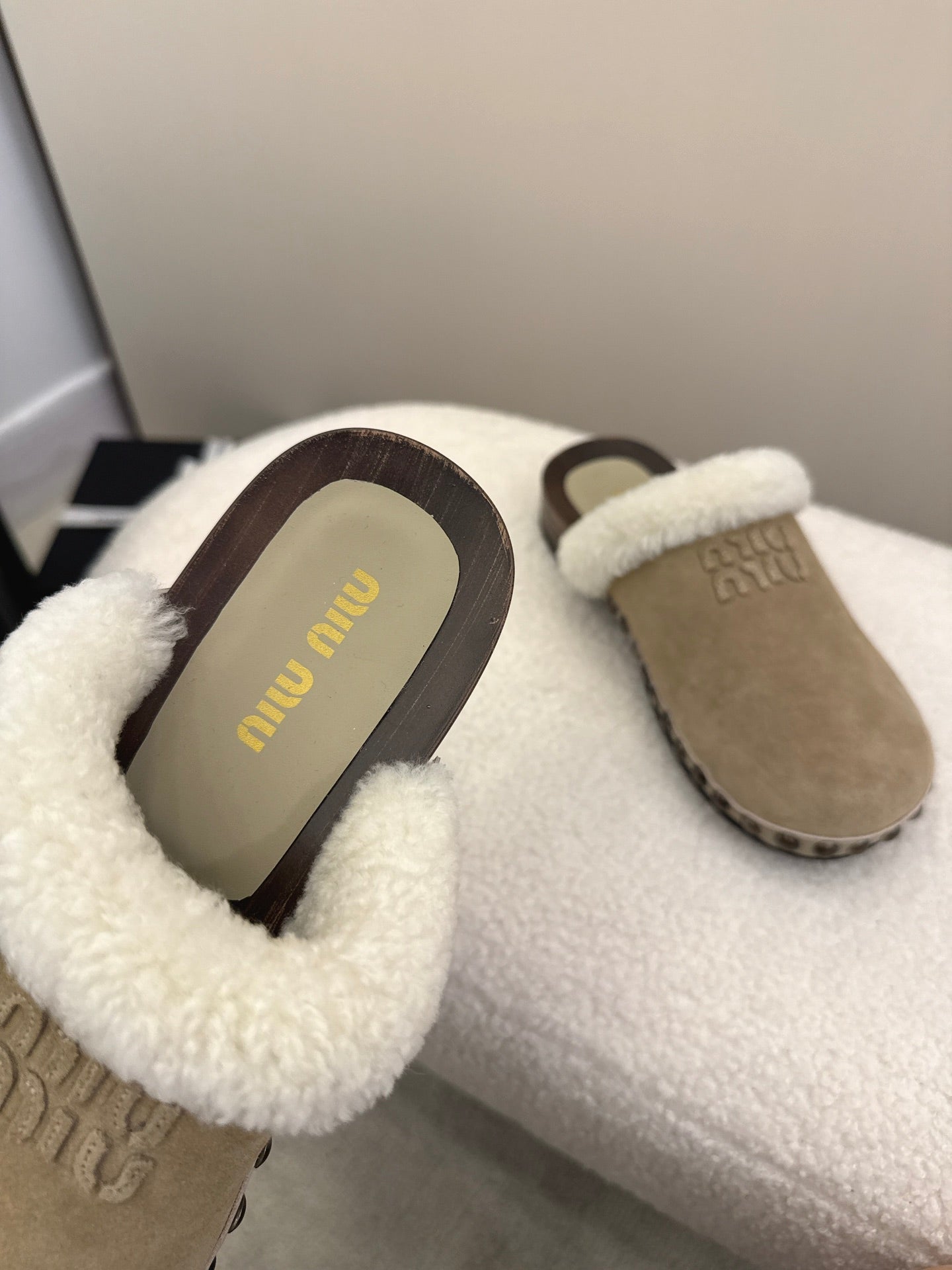 Miu Miu Women's Beige Suede Shearling - Lined Mules
