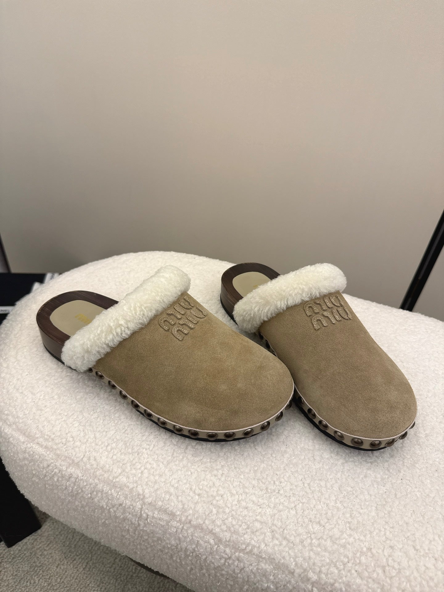 Miu Miu Women's Beige Suede Shearling - Lined Mules
