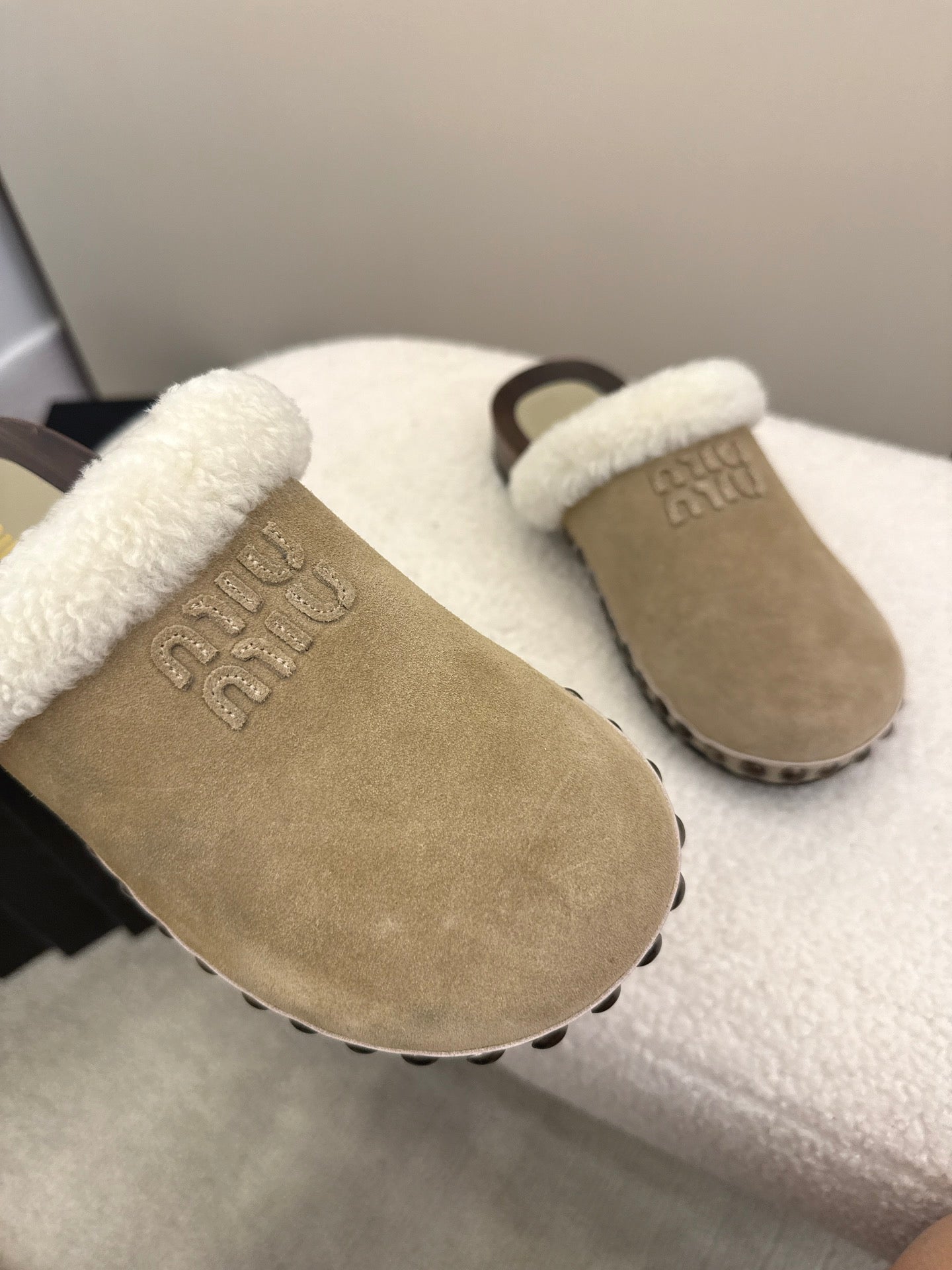 Miu Miu Women's Beige Suede Shearling - Lined Mules
