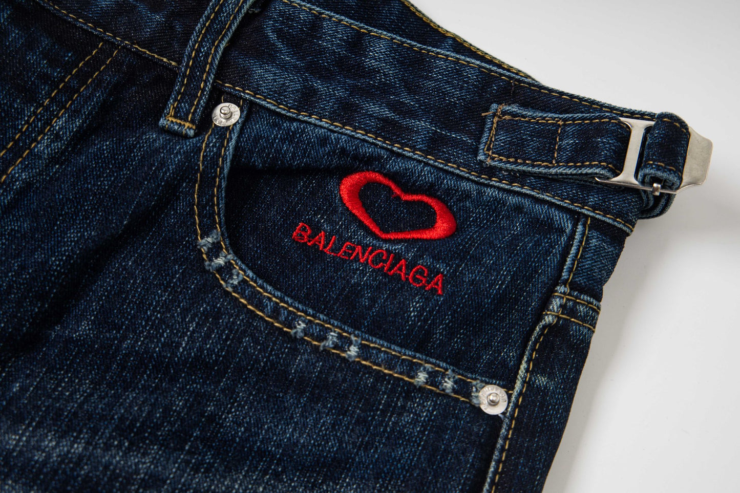 Balenciaga Blue Denim Shorts With Red Heart Embroidery And Belt