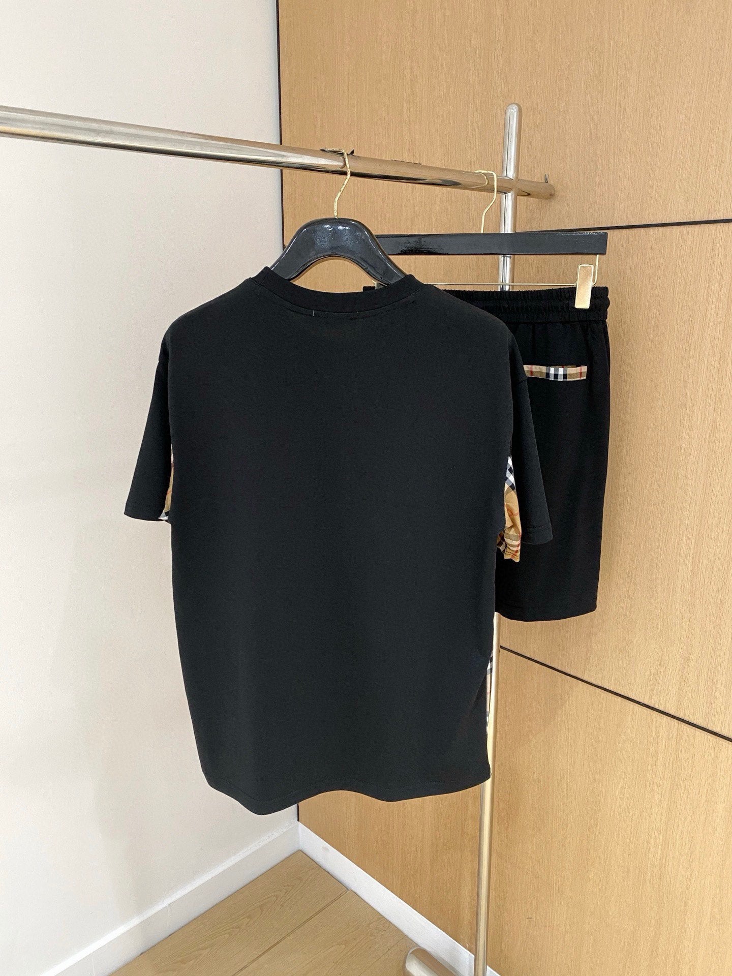 Burberry Men's Black Short - Sleeve Tracksuit With Check Accents