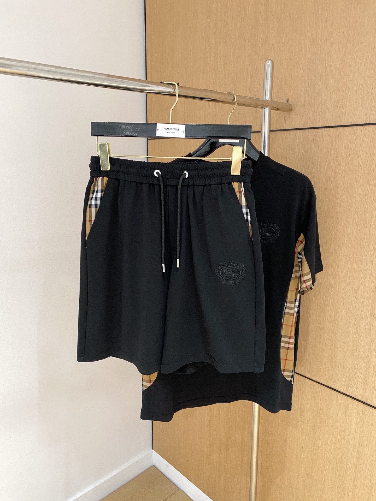 Burberry Men's Black Short - Sleeve Tracksuit With Check Accents
