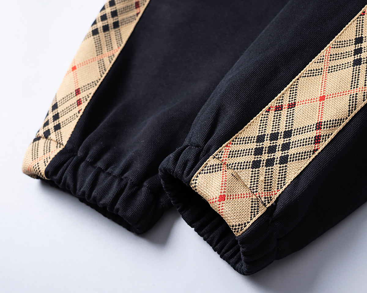 Burberry Men's Black Hooded Tracksuit With Plaid Side Details