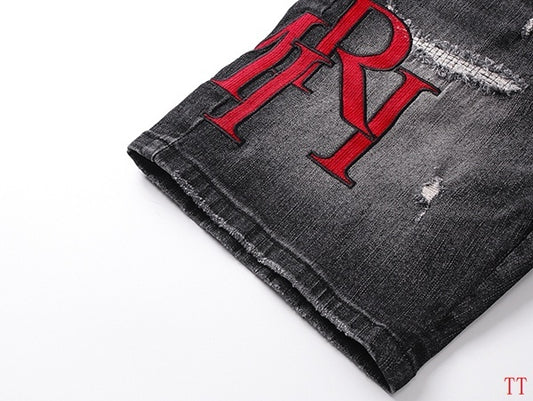 Amiri Black Distressed Denim Shorts With Bold Red Logo