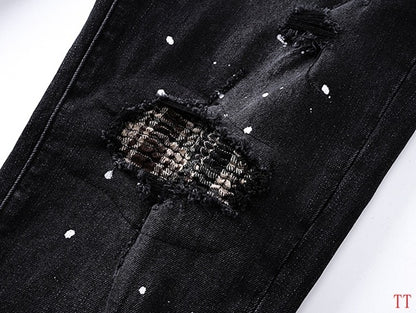 Amiri Black Distressed Jeans With Plaid Patches And Paint Splatters