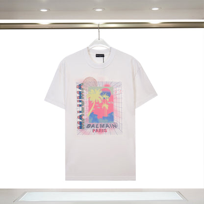 Balmain Black/White Tee With Retro Palm Tree Graphic For Trendy Streetwear Looks