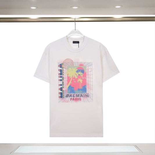 Balmain Black/White Tee With Retro Palm Tree Graphic For Trendy Streetwear Looks