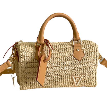 Chic Louis Vuitton Straw Handbag With Leather Accents For Summer Fashion Lovers