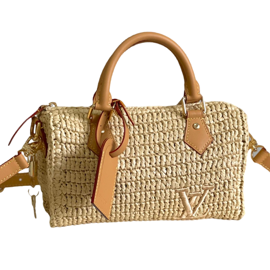 Chic Louis Vuitton Straw Handbag With Leather Accents For Summer Fashion Lovers