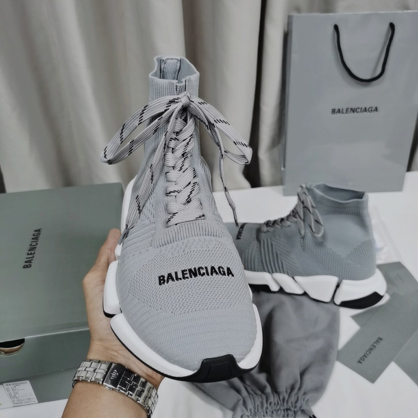 Balenciaga Unisex Grey Lace-up Sock Sneakers Fashionable Choice for Men and Women