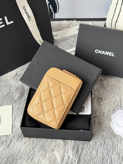 Chanel Beige Caviar Quilted Leather Small Zip Wallet With Gold Tone CC Logo