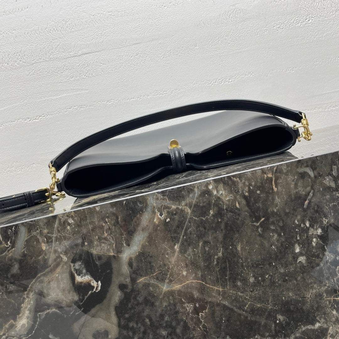 Celine 16 Soft Black Leather Hobo Bag With Gold - Tone Lock Accent 119563