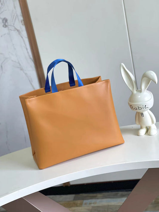 Stylish Orange Louis Vuitton Tote Bag With Blue Handles And Branding